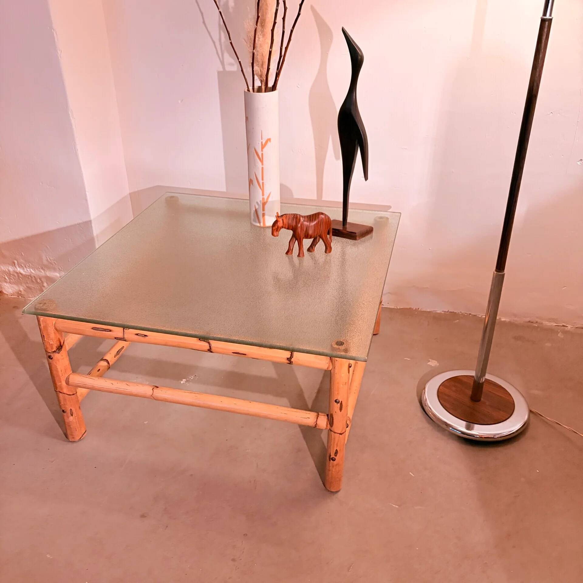 Vintage bamboo coffee table with glass top, 1970s, Brazil