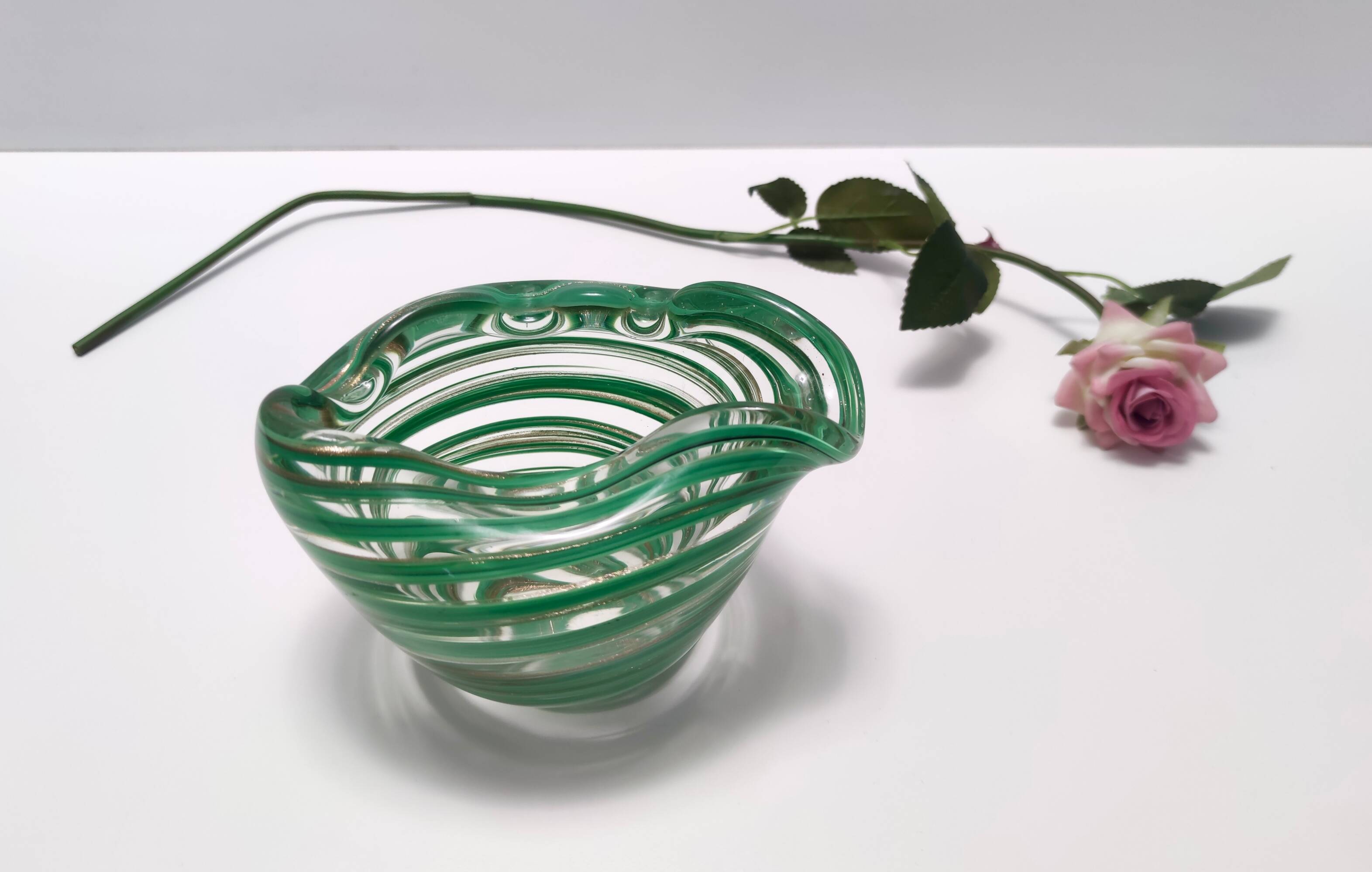 Murano Glass Bowl or Ashtray with Green Canes and Aventurine Glass, Italy
