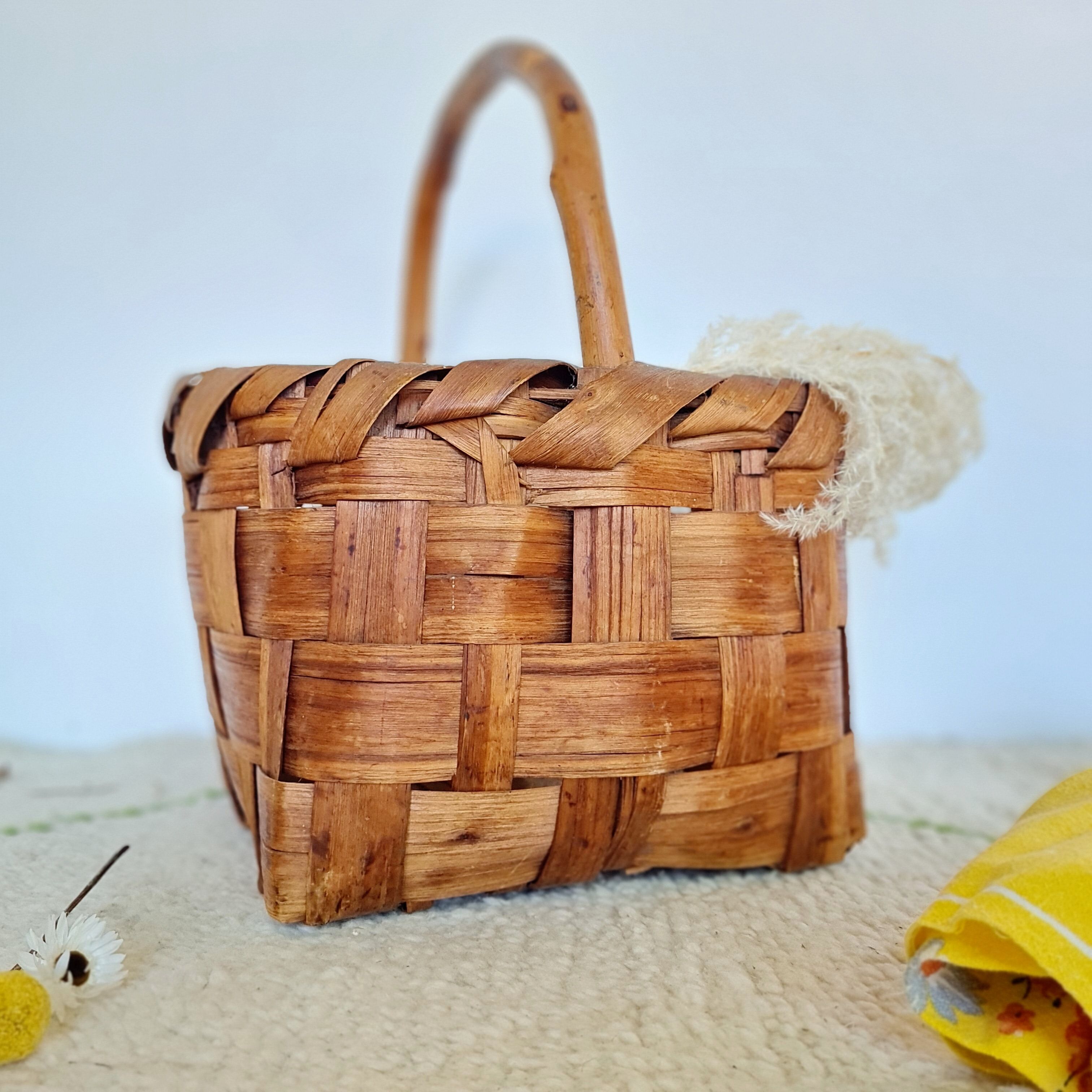 Old wood basket and natural fibers
