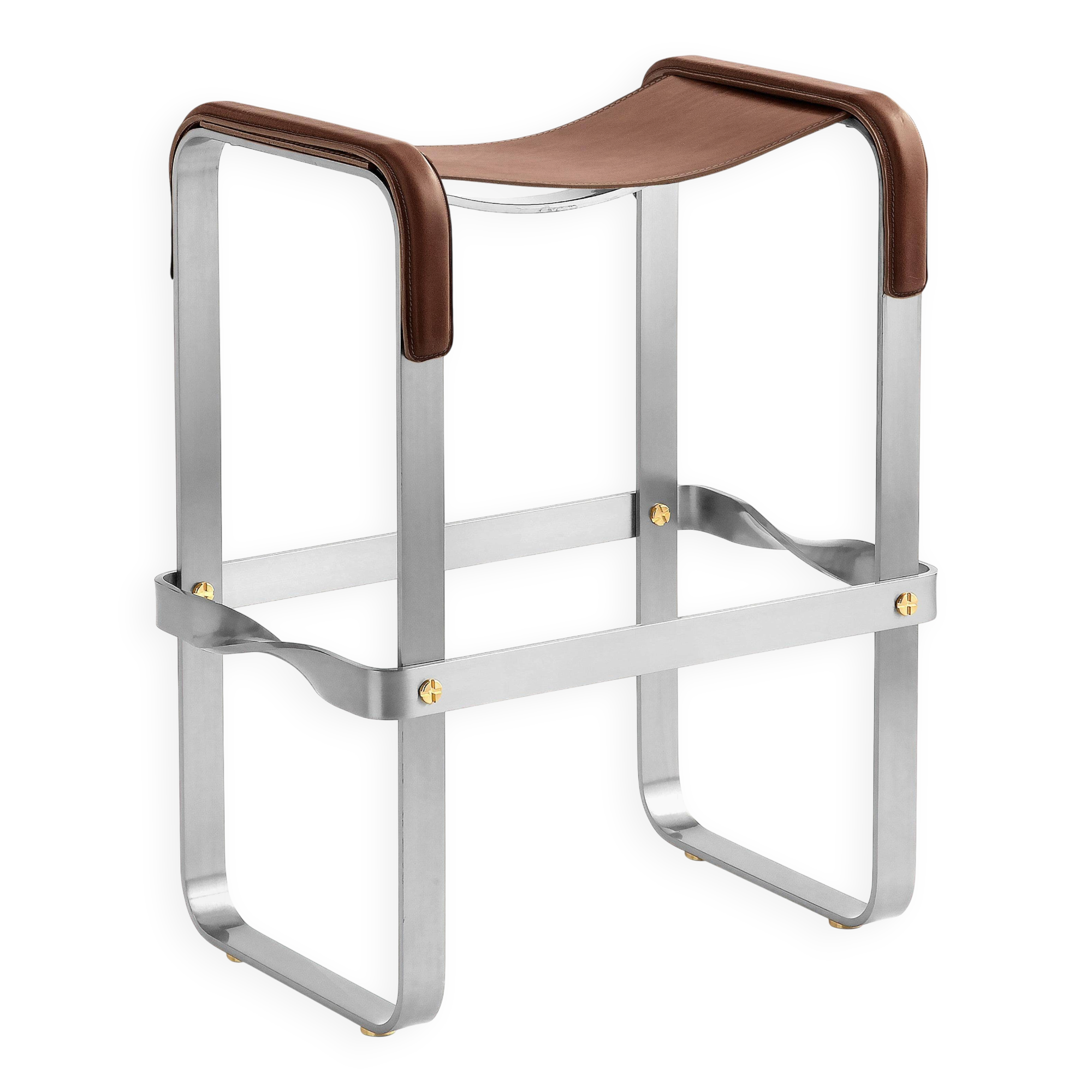 Contemporary Classic Bar Stool in Aged Silver Metal and Dark Brown Leather