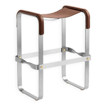 Contemporary Classic Bar Stool in Aged Silver Metal and Dark Brown Leather
