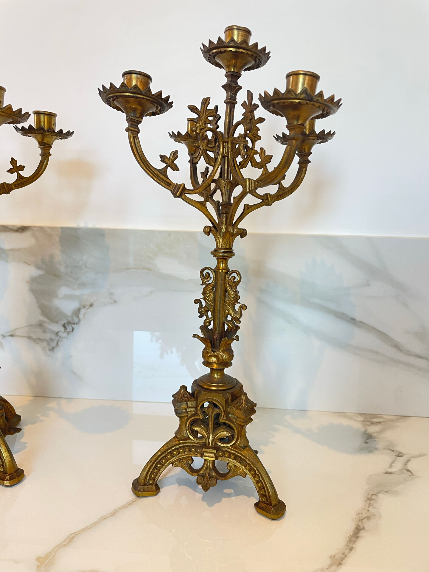Pair of church candelabra - 19th century - in bronze and brass, 5 lights / c