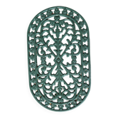 Vintage dark green cast iron oval trivet - Openwork design