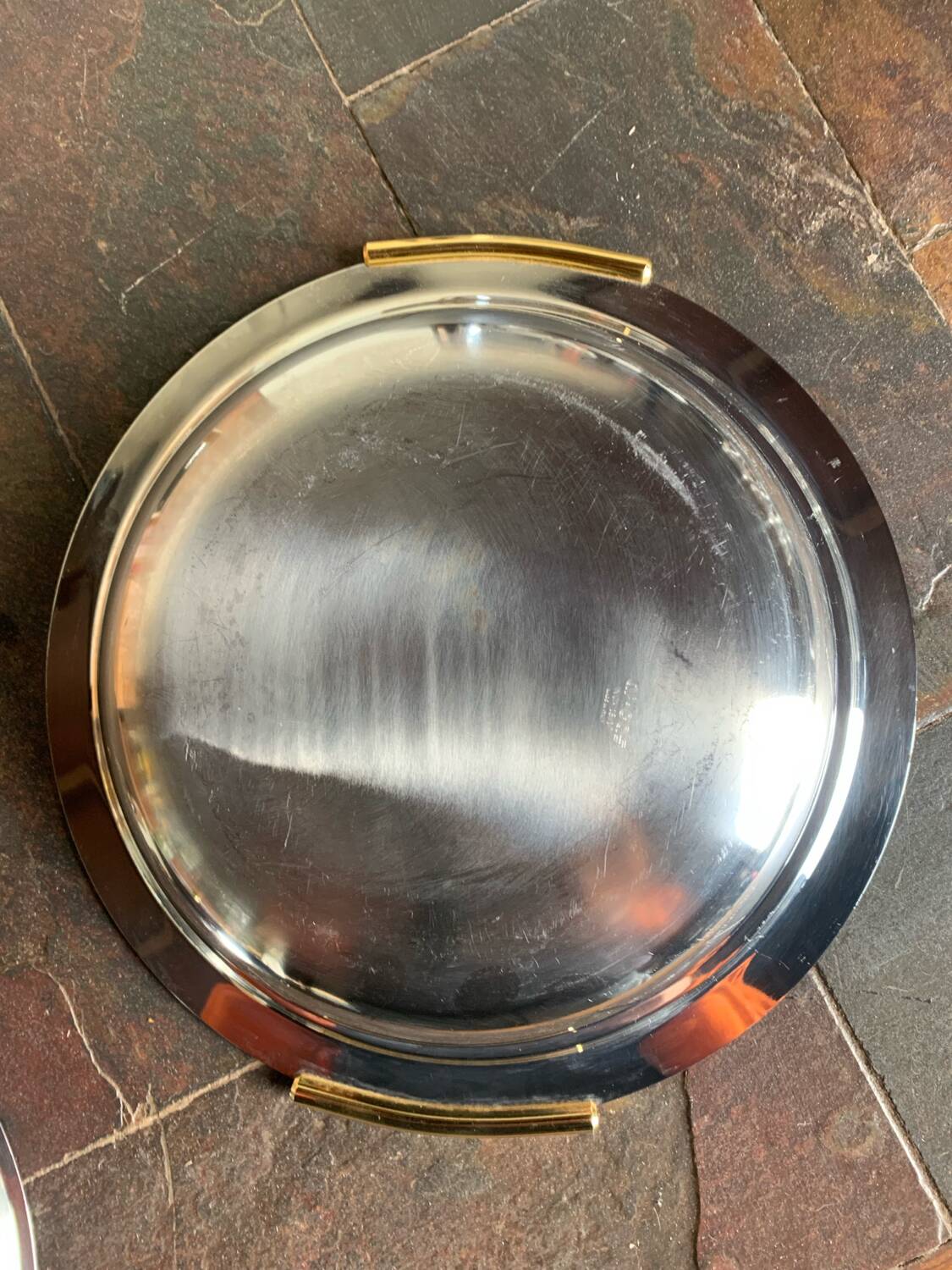Vintage stainless steel vegetable dish AR CAS 18/10 – brass handles