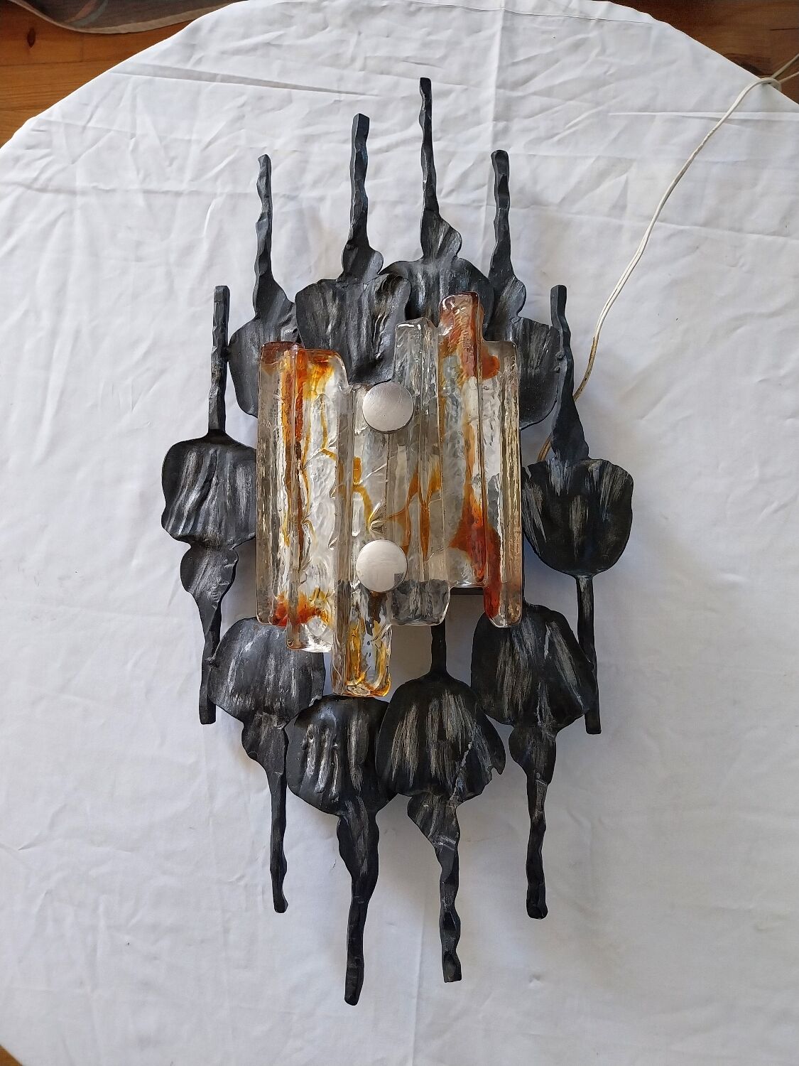 Brutalist glass and iron wall lamp from the 60s