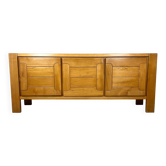 Large French sideboard in solid elm, 1970, attributed to Atelier Chauvin.