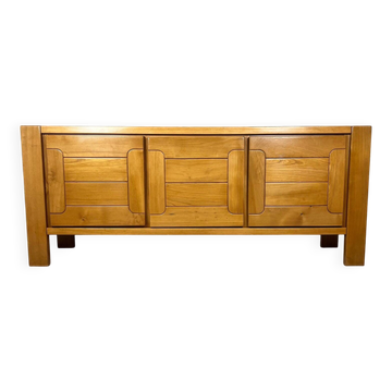 Large French sideboard in solid elm, 1970, attributed to Atelier Chauvin.