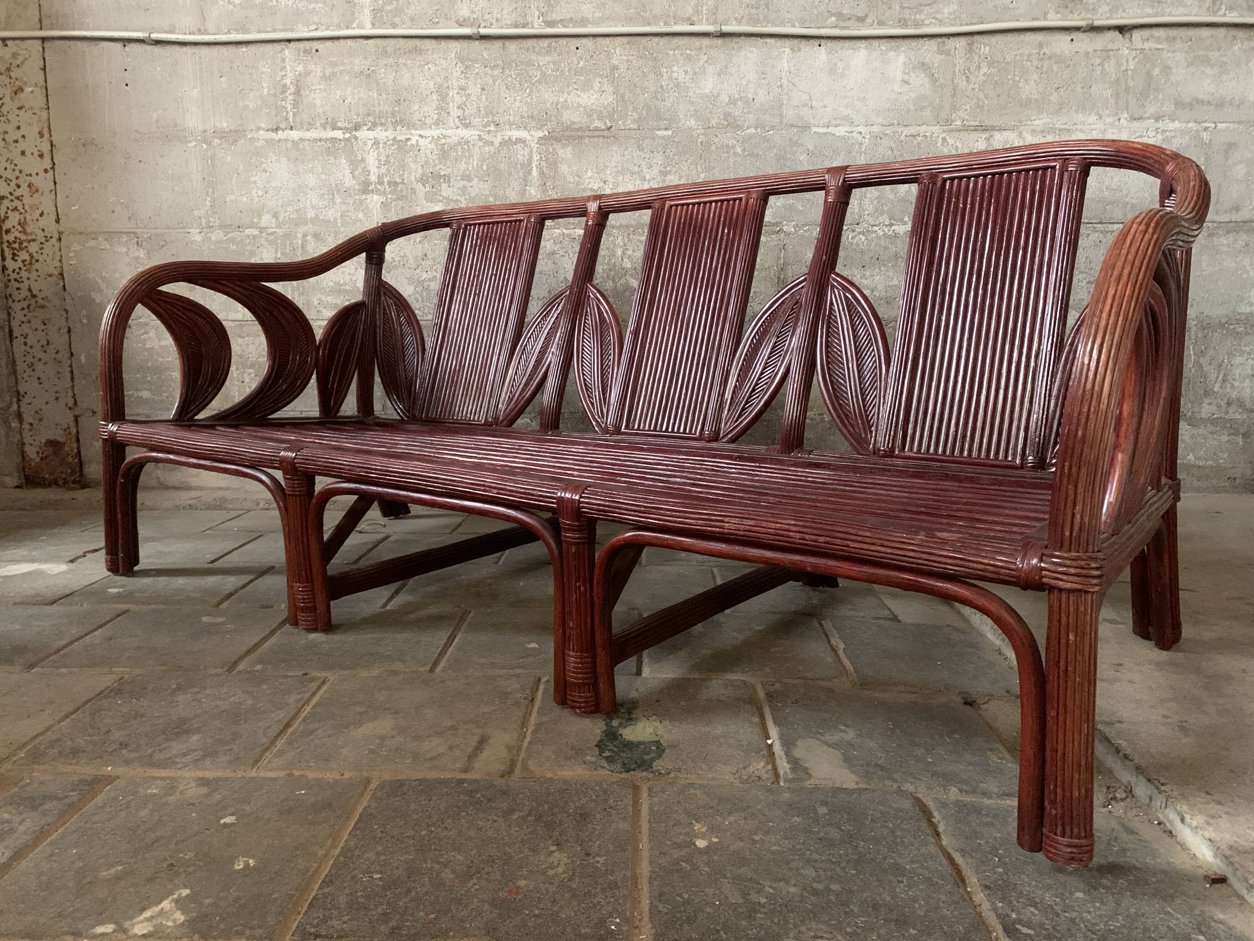 Pencil reed rattan bamboo coastal palm leaf bench sofa, Vivai del Sud 1970s
