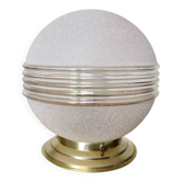"Globe" ceiling light in frosted pink glass, with golden trim, from around 1950 or 1960.