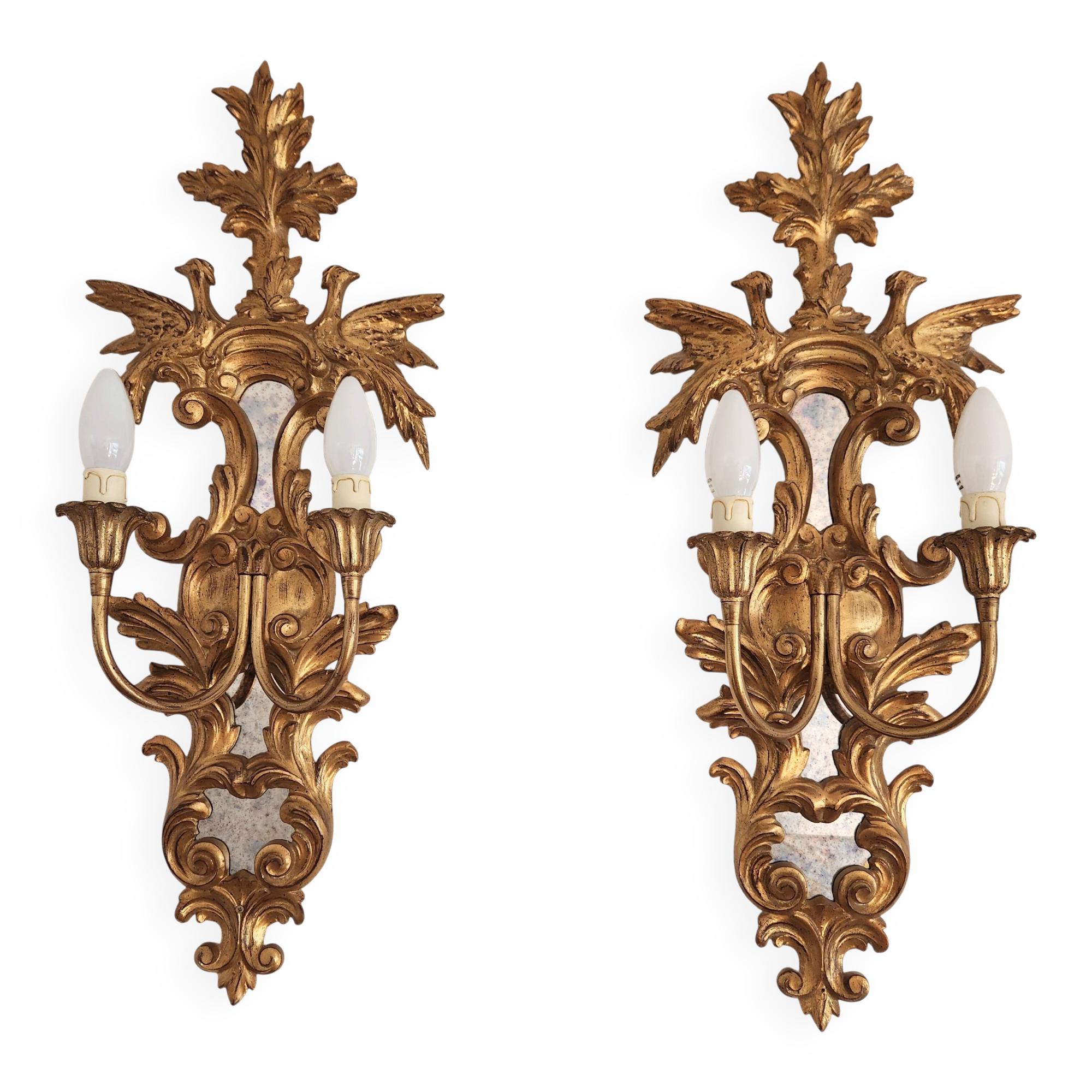 Louis XVI wall lamps Rocaille gilded carved wood antique mirror glass