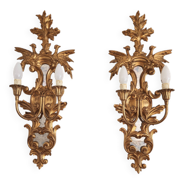 Louis XVI wall lamps Rocaille gilded carved wood antique mirror glass