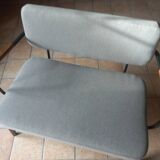Two-seater sofa in fabric, metal and wooden armrests