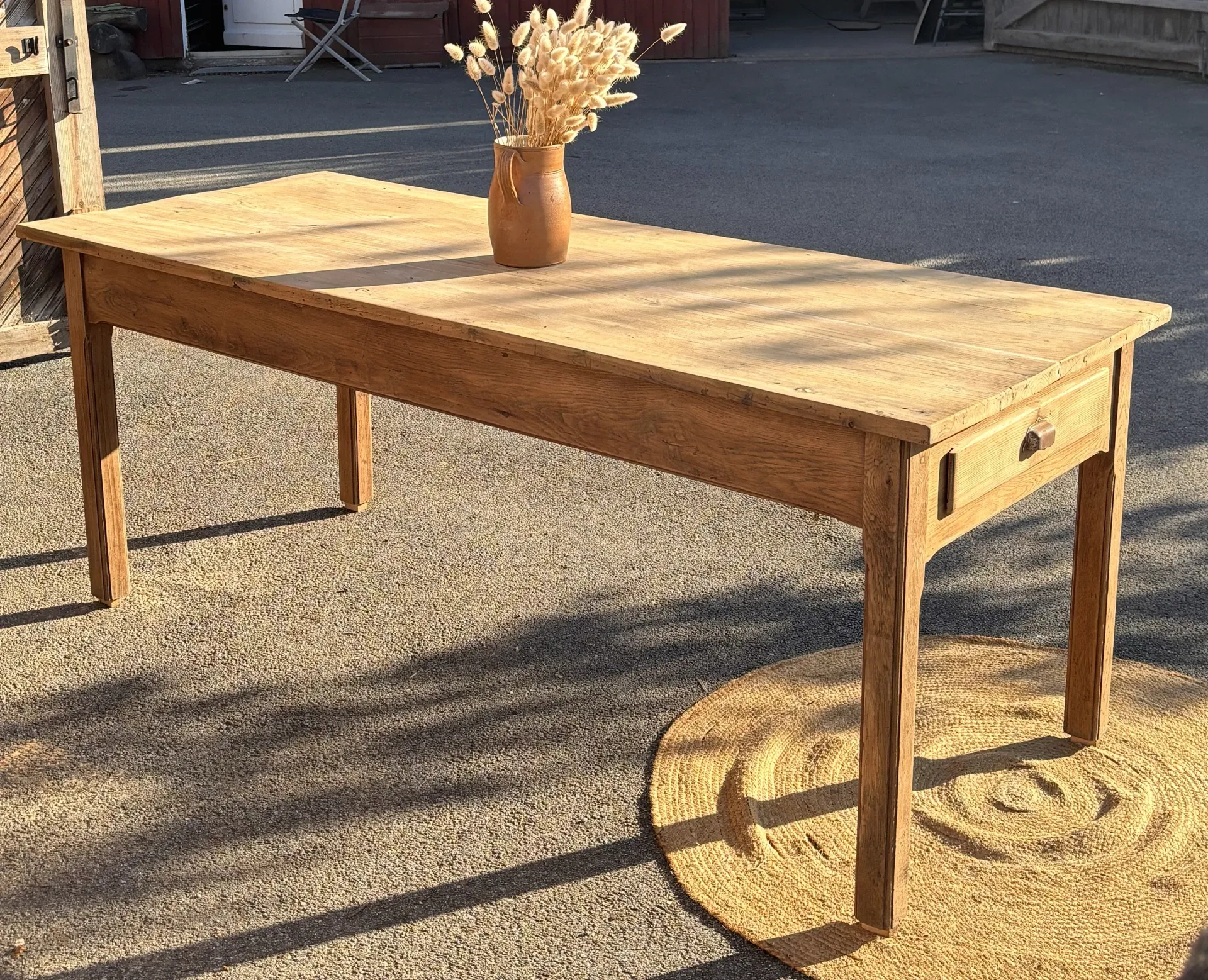 Large antique farmhouse table in solid raw oak with 1 drawer - 2m
