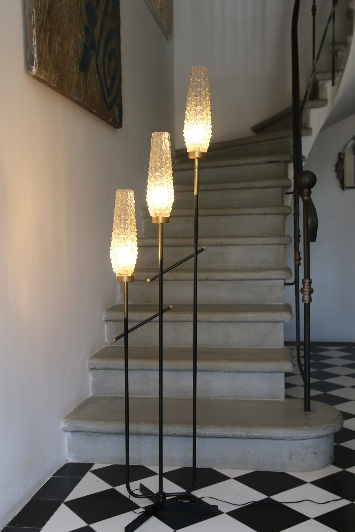 Vintage 3-light floor lamp, Arlus style, Art Deco spirit, 1950s.