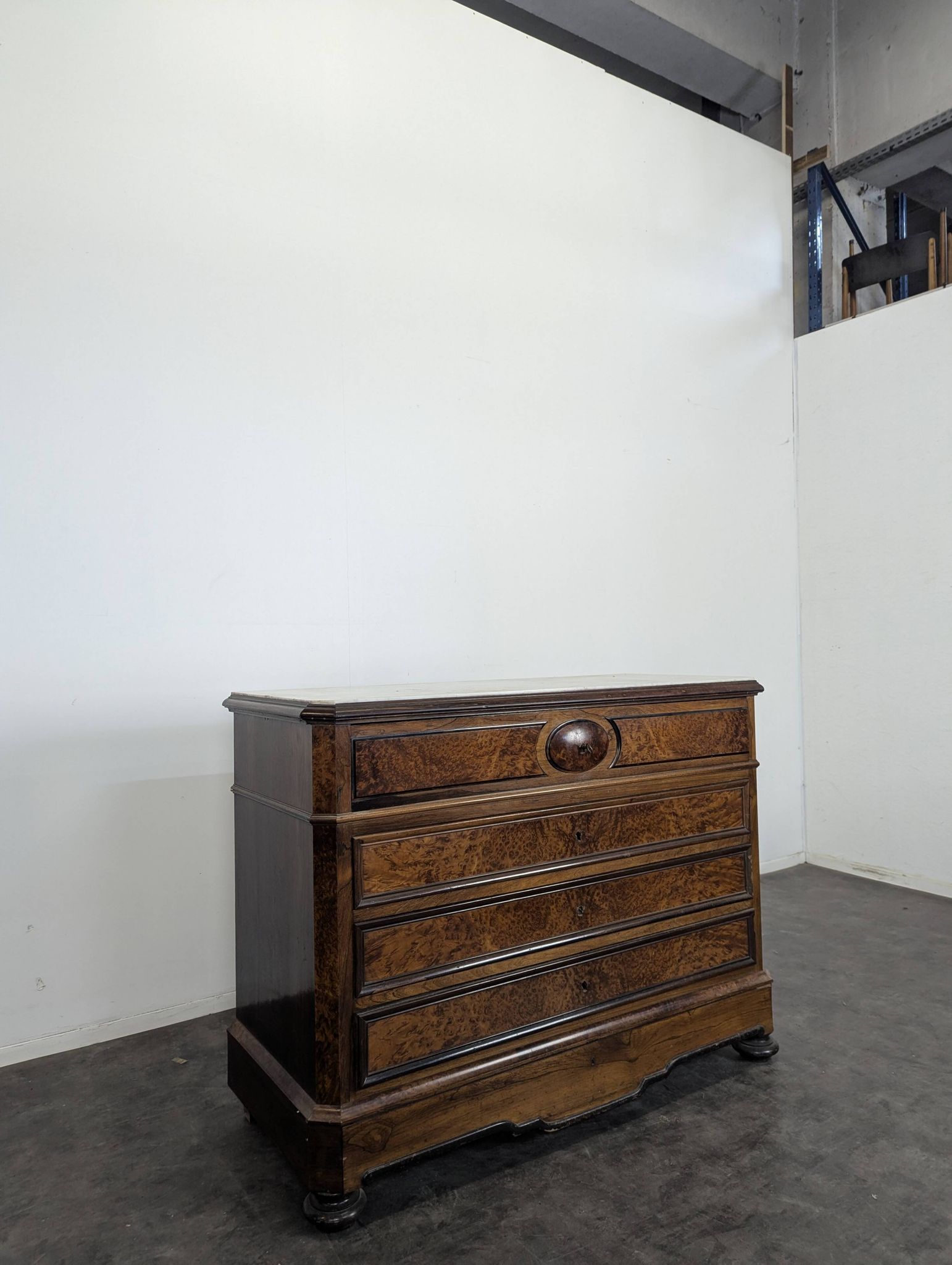 Elm burl and rosewood secretary chest of drawers