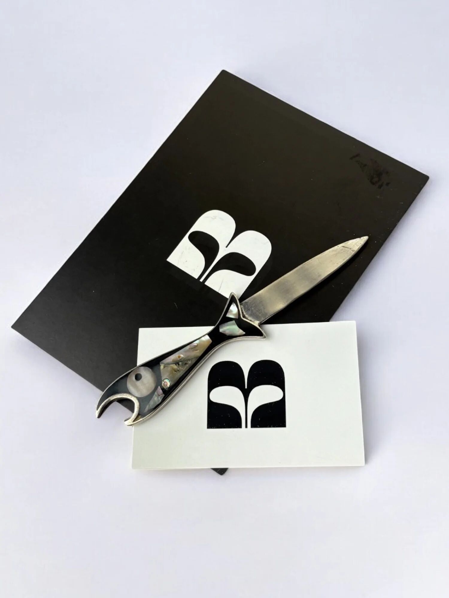 Fish letter opener, abalone shell & alpaca, Mexico, 1980s