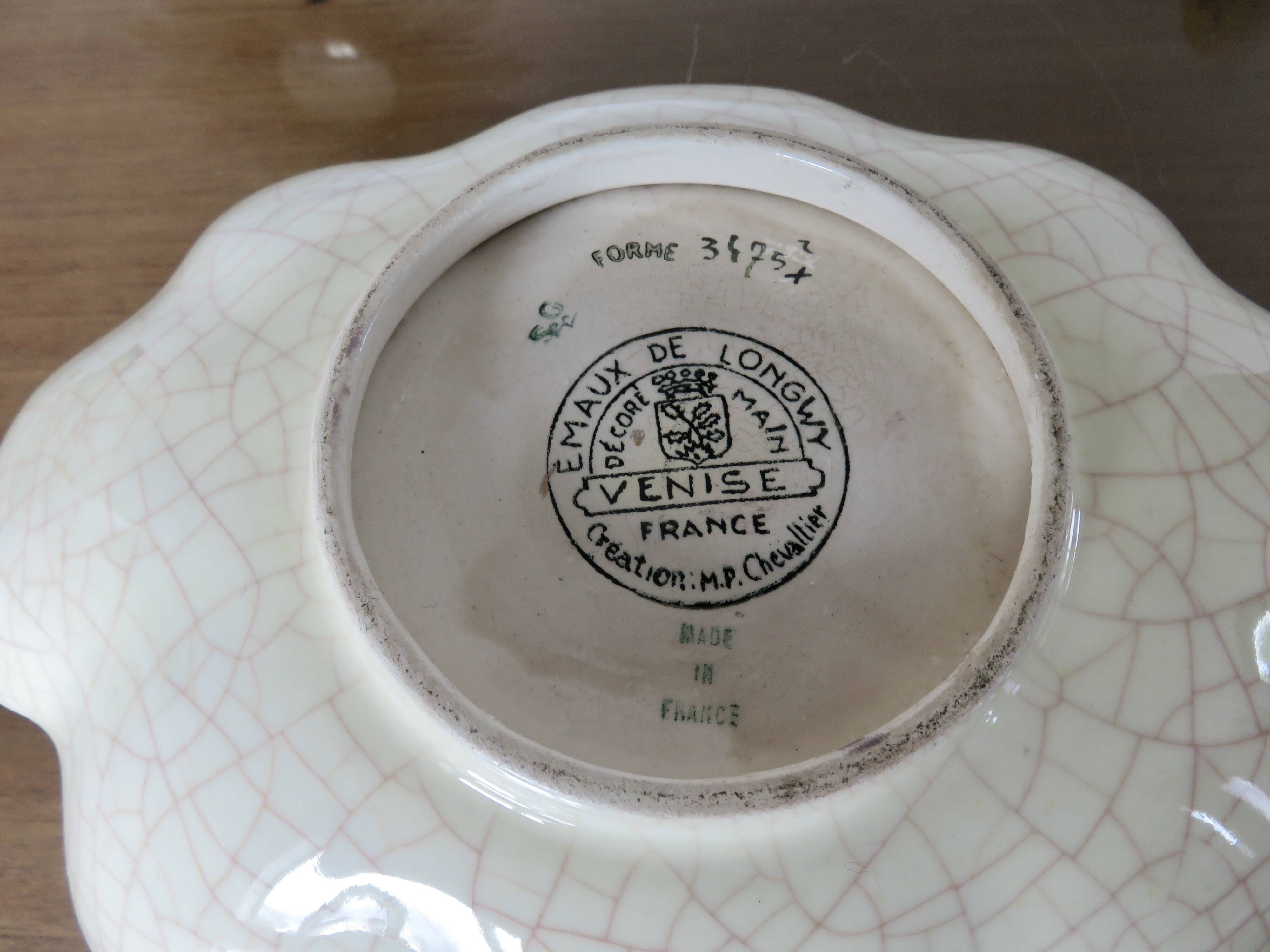 Longwy enamel dish, "Venice" pattern, 1940s-50s
