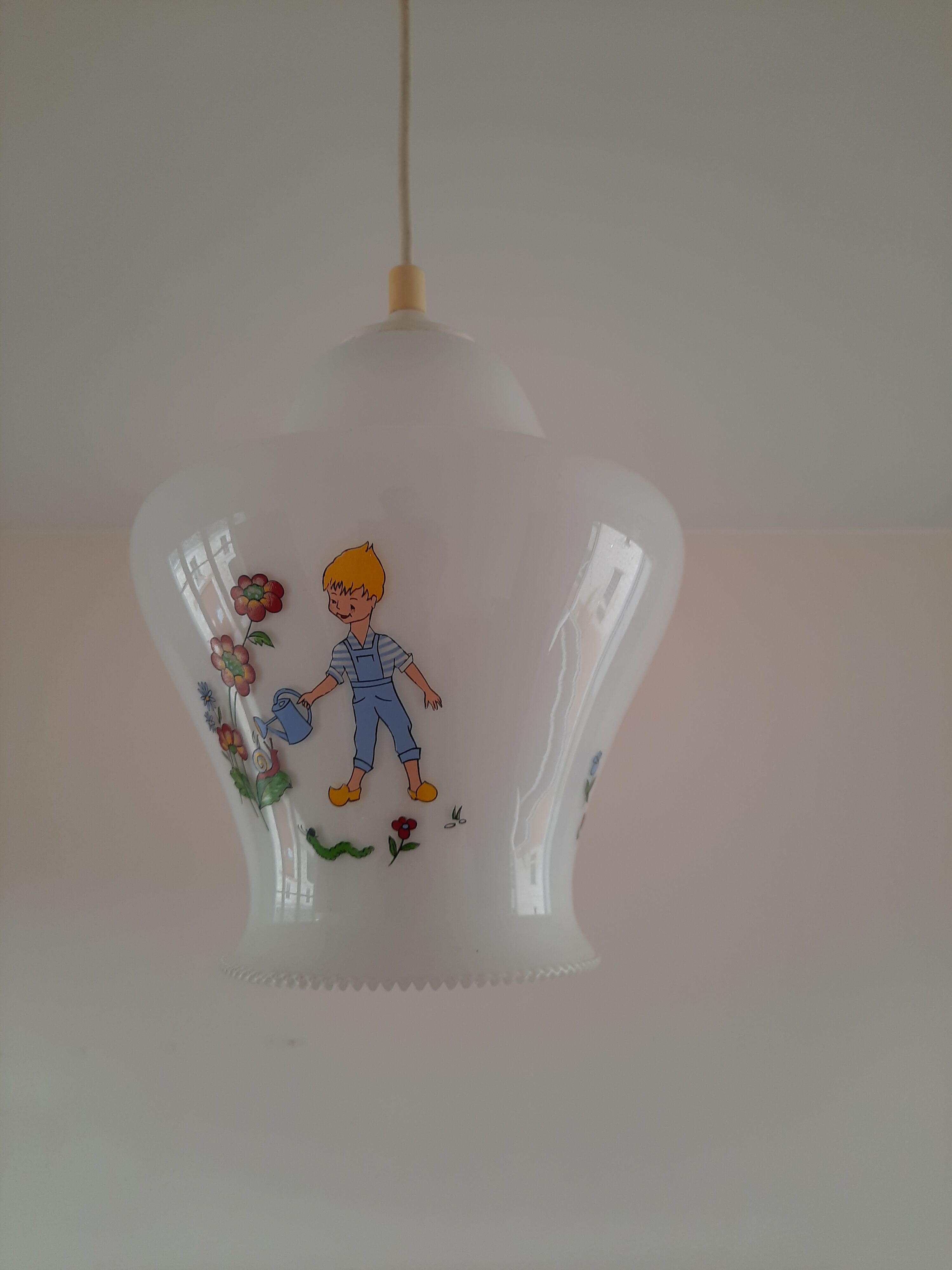 Opaline pendant lamp decorated with children's scenes 60s-70s