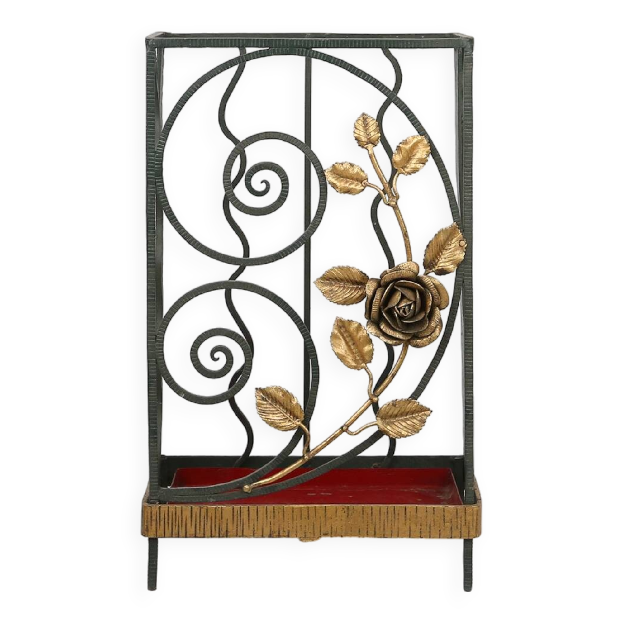 Art deco wrought iron umbrella stand with floral decoration, France ca. 1930