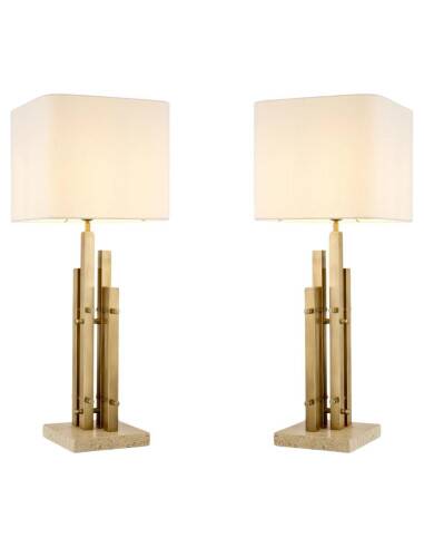Pair of modern table lamps, vintage brass finish, travertine base.