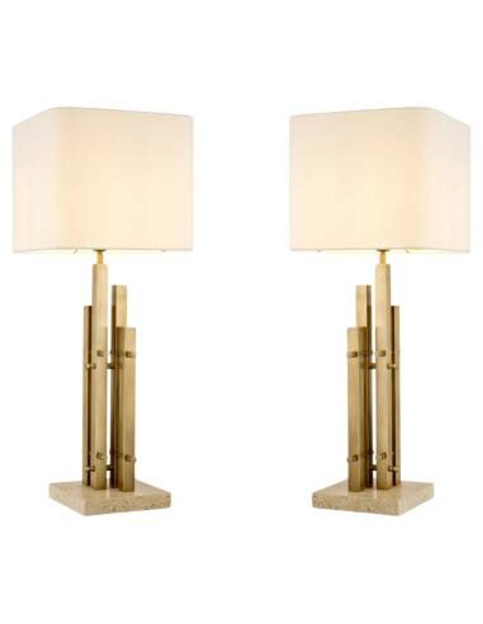 Paire de lampes de table modernes, finition laiton vintage, base en travertin.