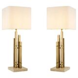 Pair of modern table lamps, vintage brass finish, travertine base.