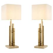 Paire de lampes de table modernes, finition laiton vintage, base en travertin.