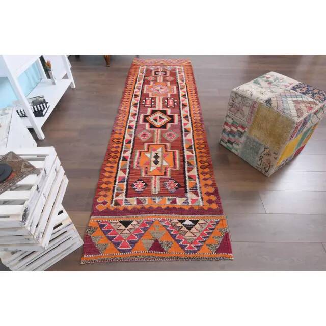 1970s Vintage Turkish Hand-Knotted Wool Cotton Purple Runner Rug 85x292