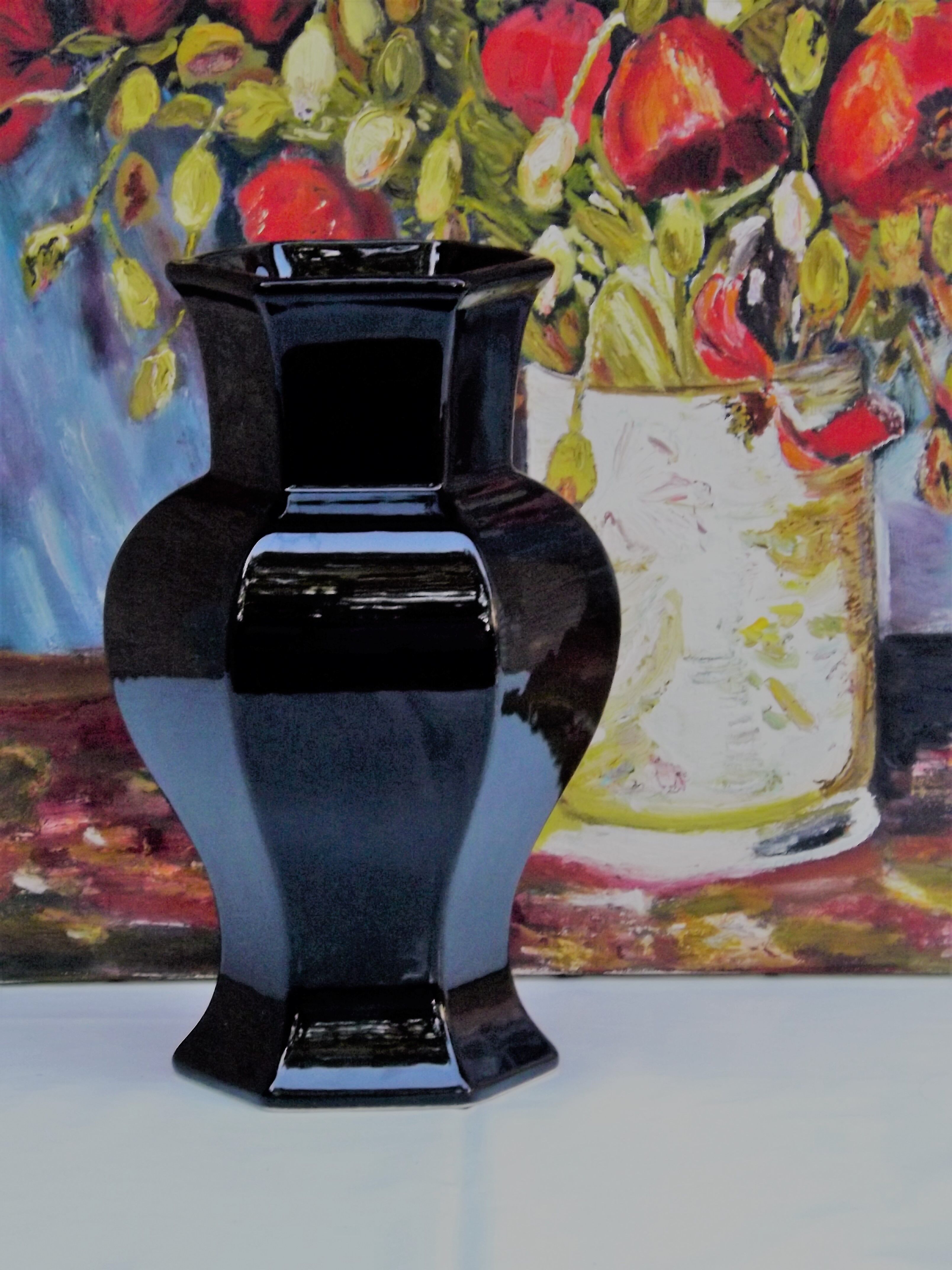Hexagonal ceramic vase enamelled black France