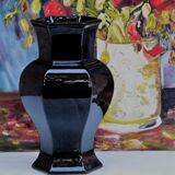 Hexagonal ceramic vase enamelled black France