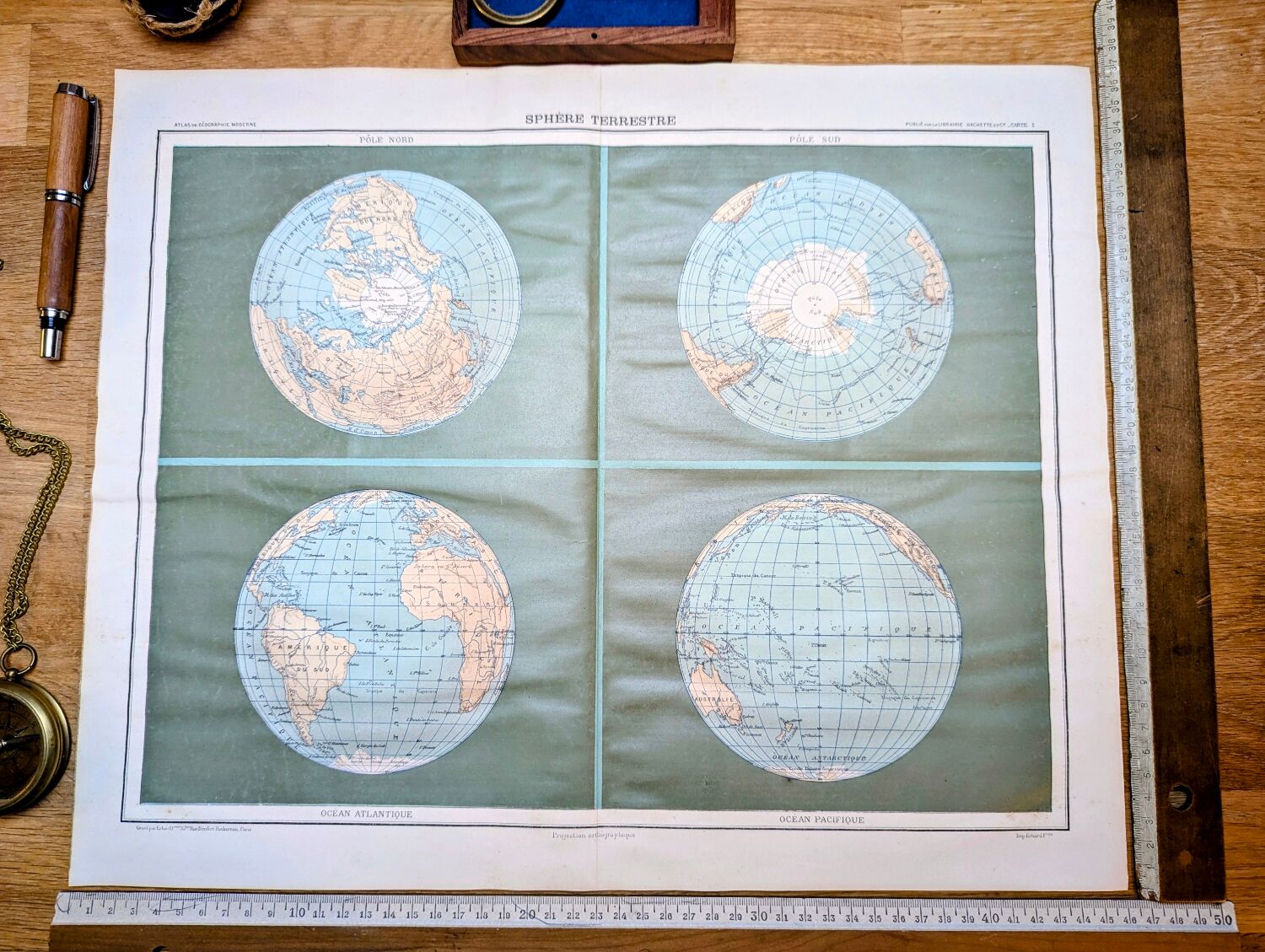 Sphère Terrestre, carte originale imprimée en 1907.