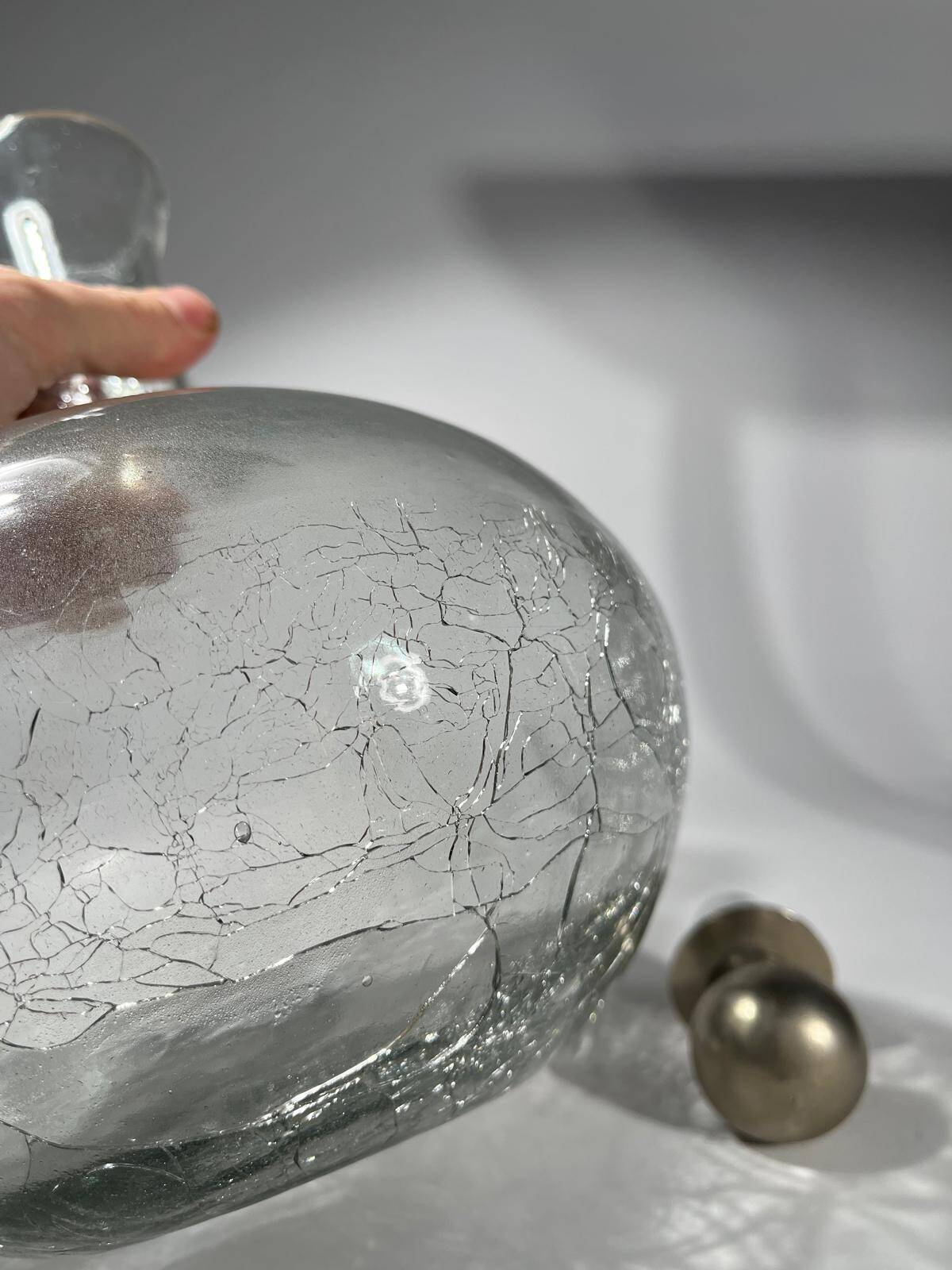 vintage cracked glass carafe with metal stopper