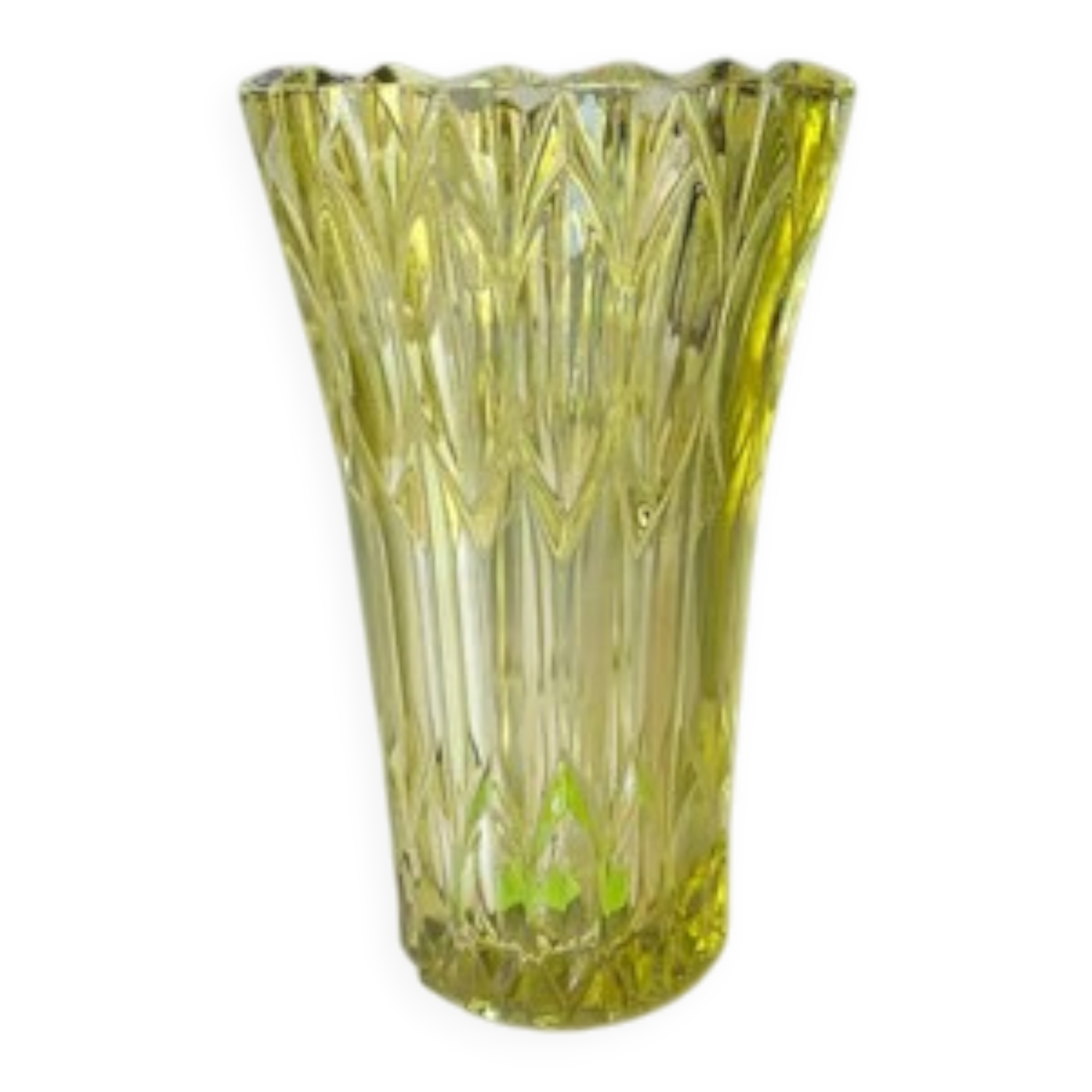 Large Czech vase in pressed glass, tinted yellow with geometric shapes.