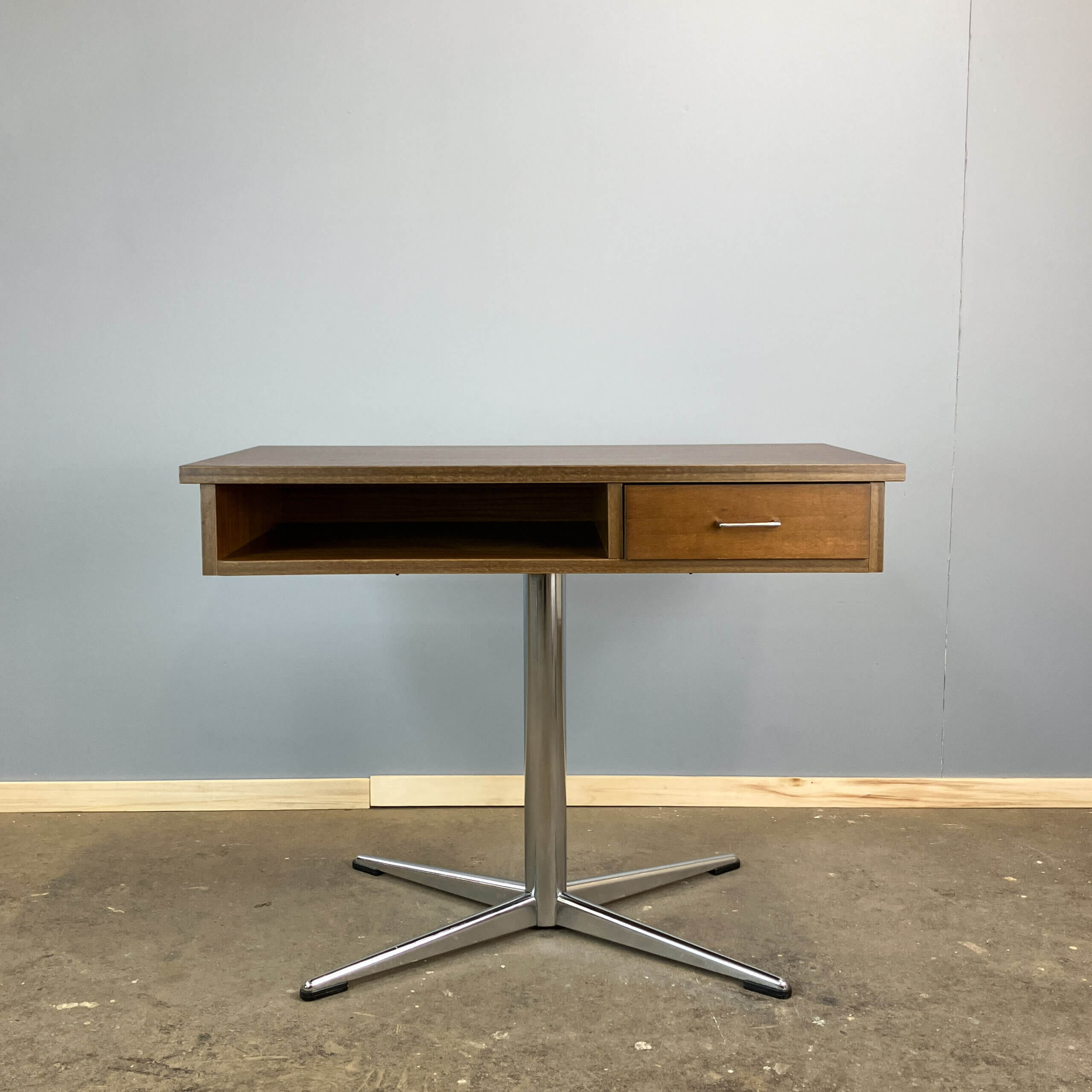 Swivel TV stand/side table, chrome frame with dark walnut, 1970s