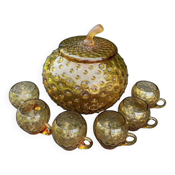 Service à orangeade/punch en verre bullé années 70 couleur jaune .