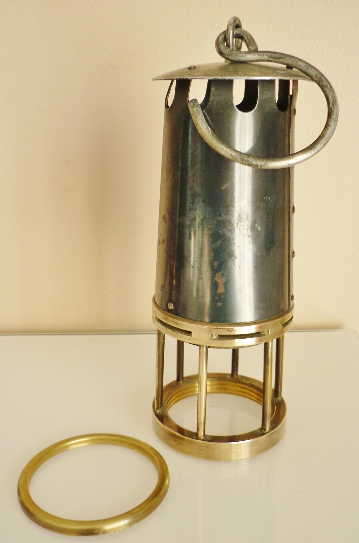 Old miner's lamp, thick glass, brass, metal