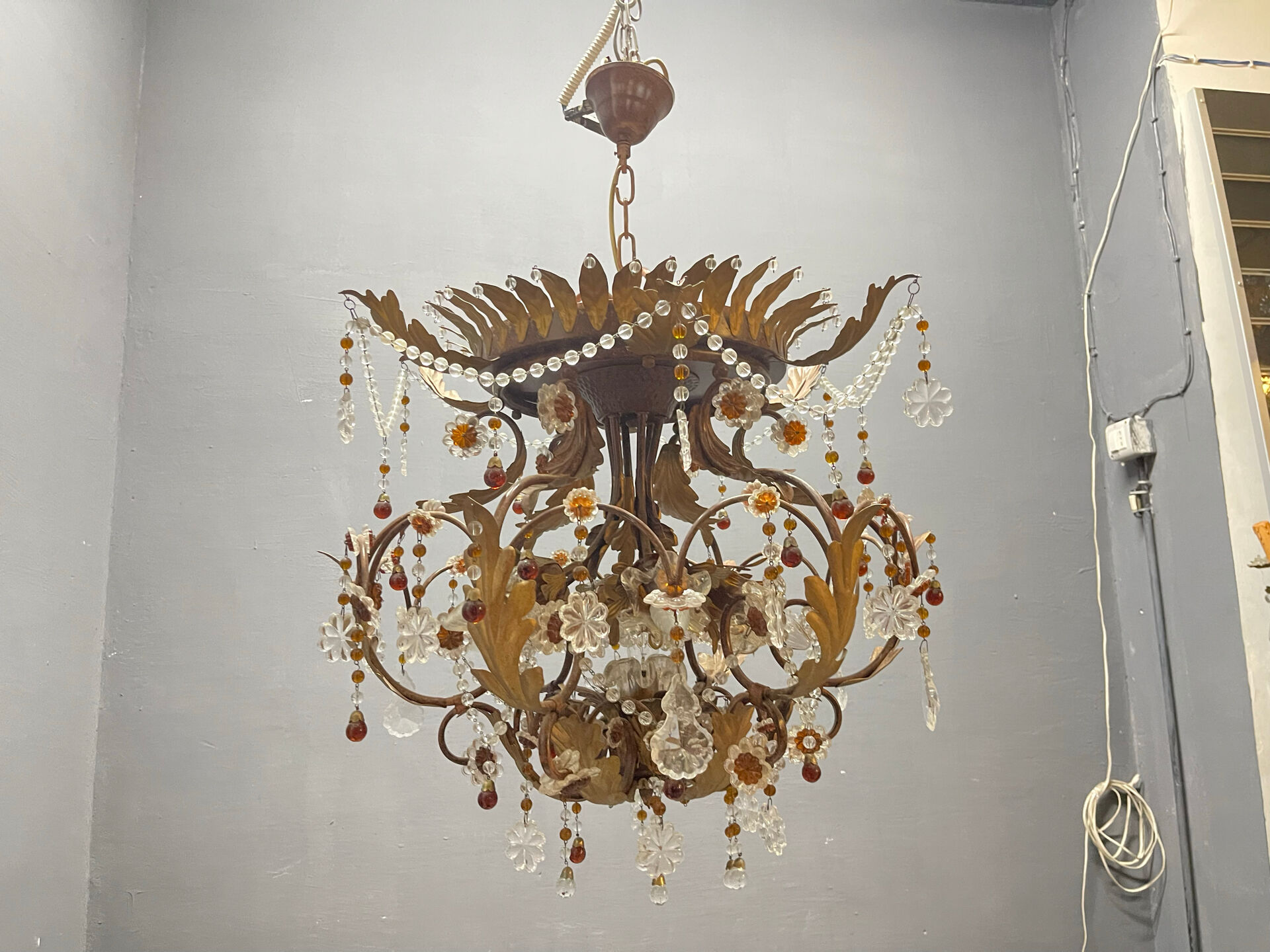 Italian Tole Murano Glass Chandelier 1960’s 