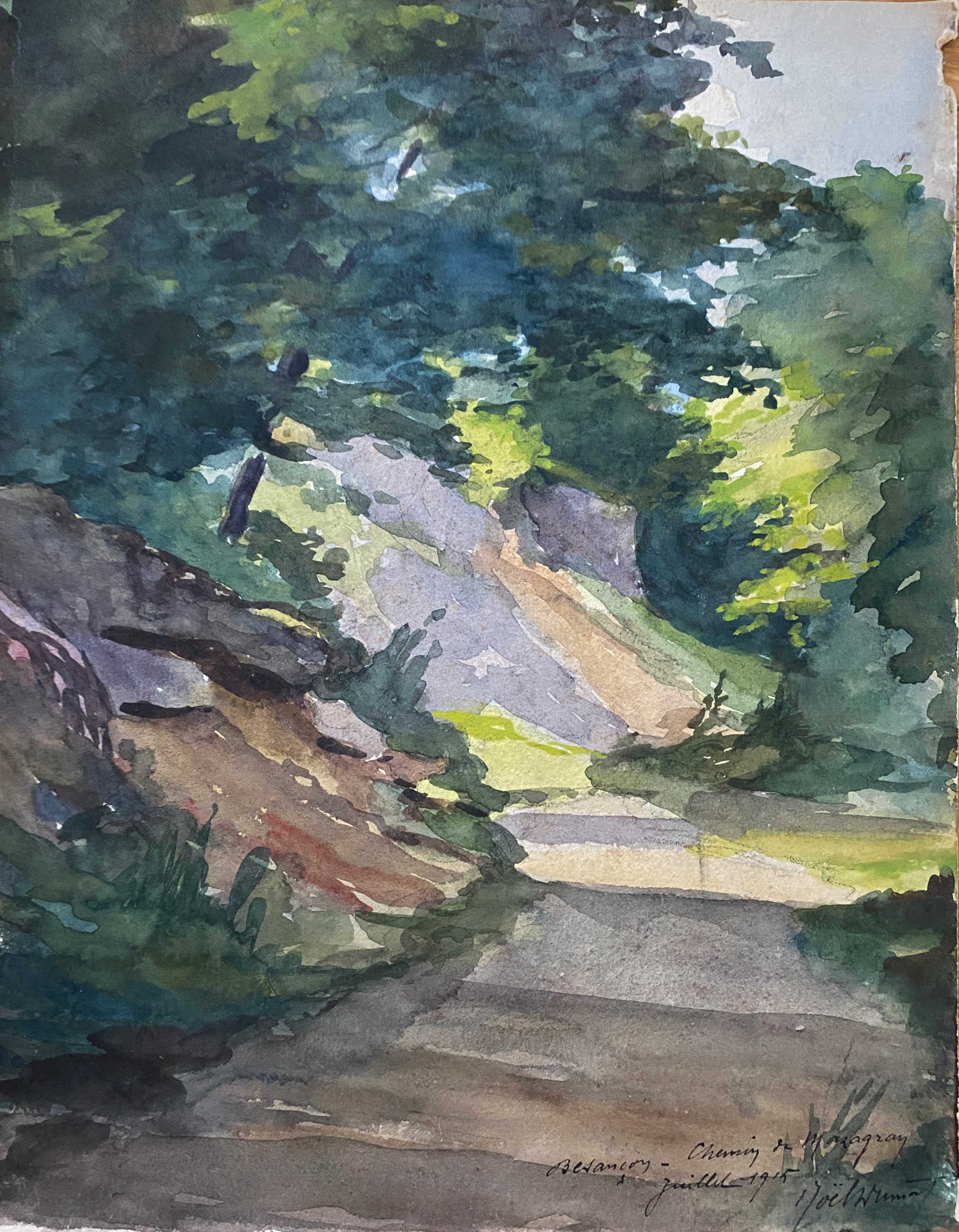 Watercolor Painting "Path in the forest" Besançon chemin de Mazagran signed 1915