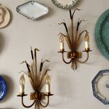 Pair of 2-light reed wall lights in gold and black metal