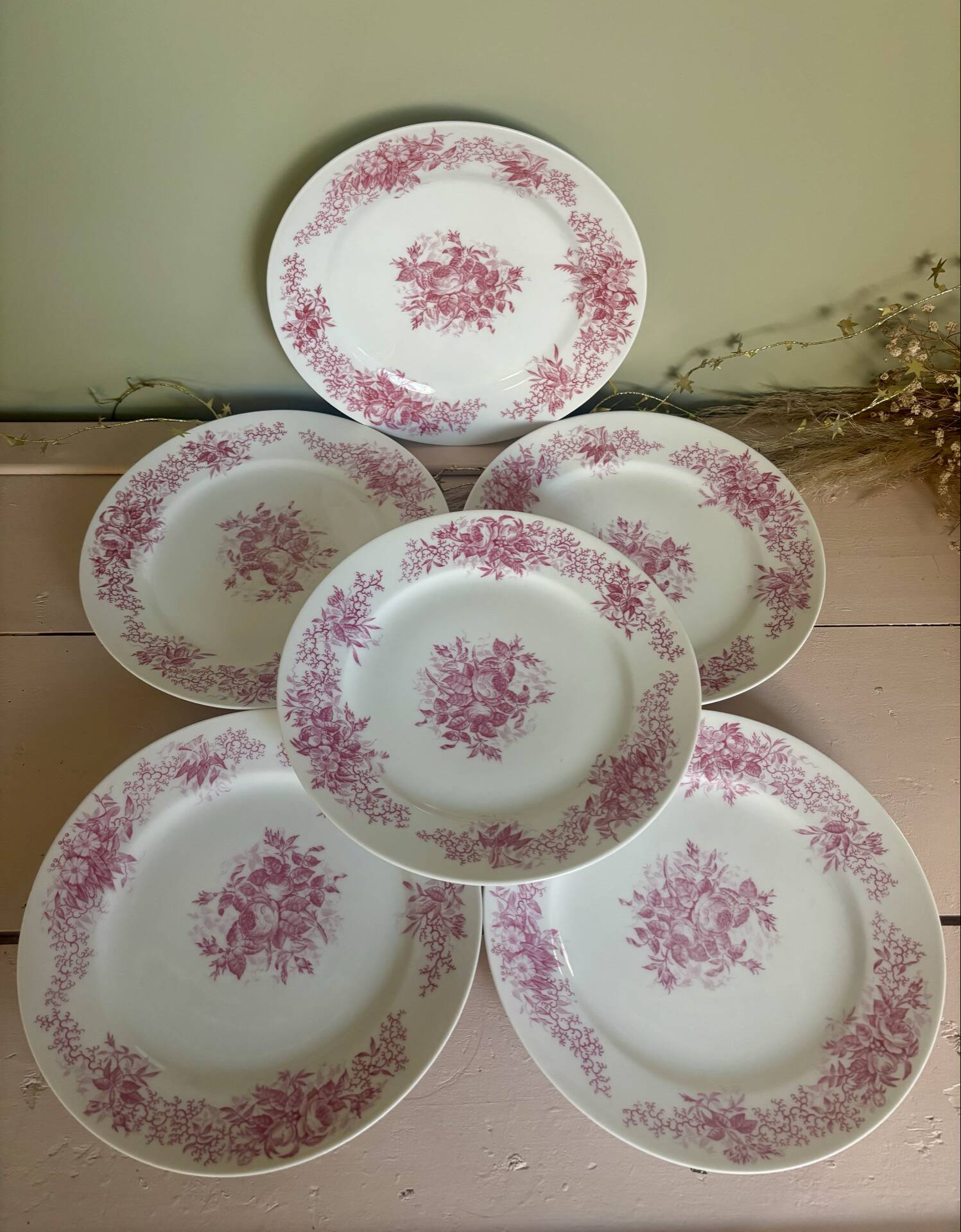 Set of 6 antique dessert plates in porcelain with pink flowers.