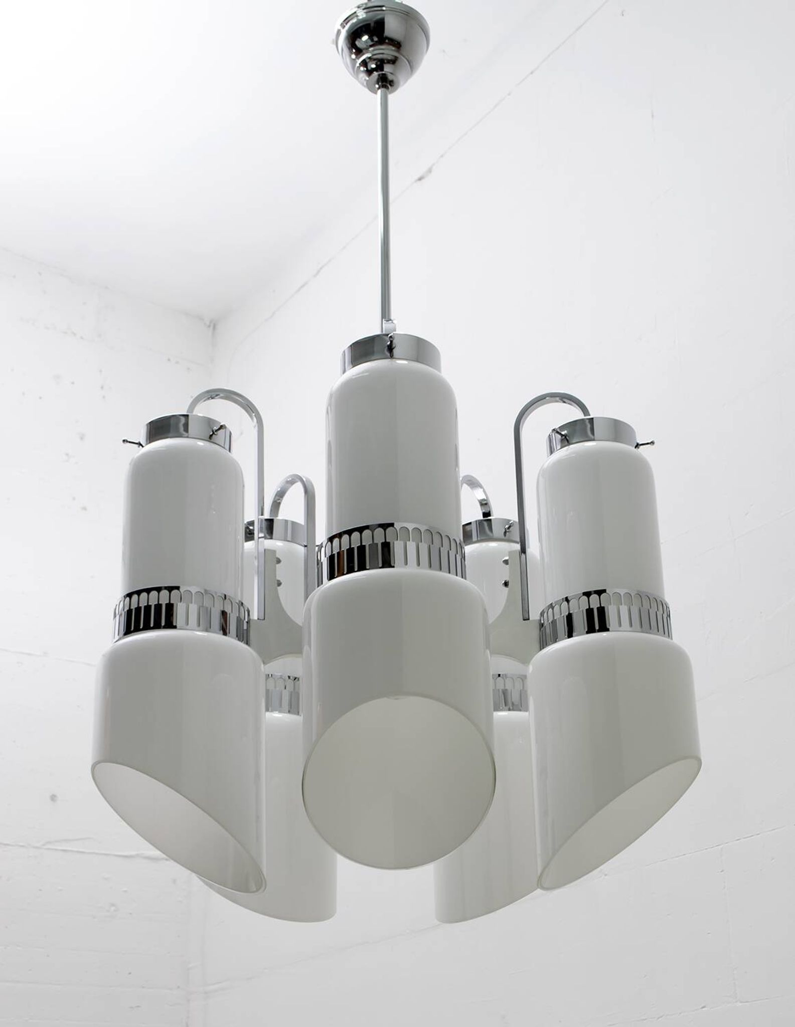 Vistosi Midcentury Italian Murano Glass and Steel "Incamiciato" Chandelier