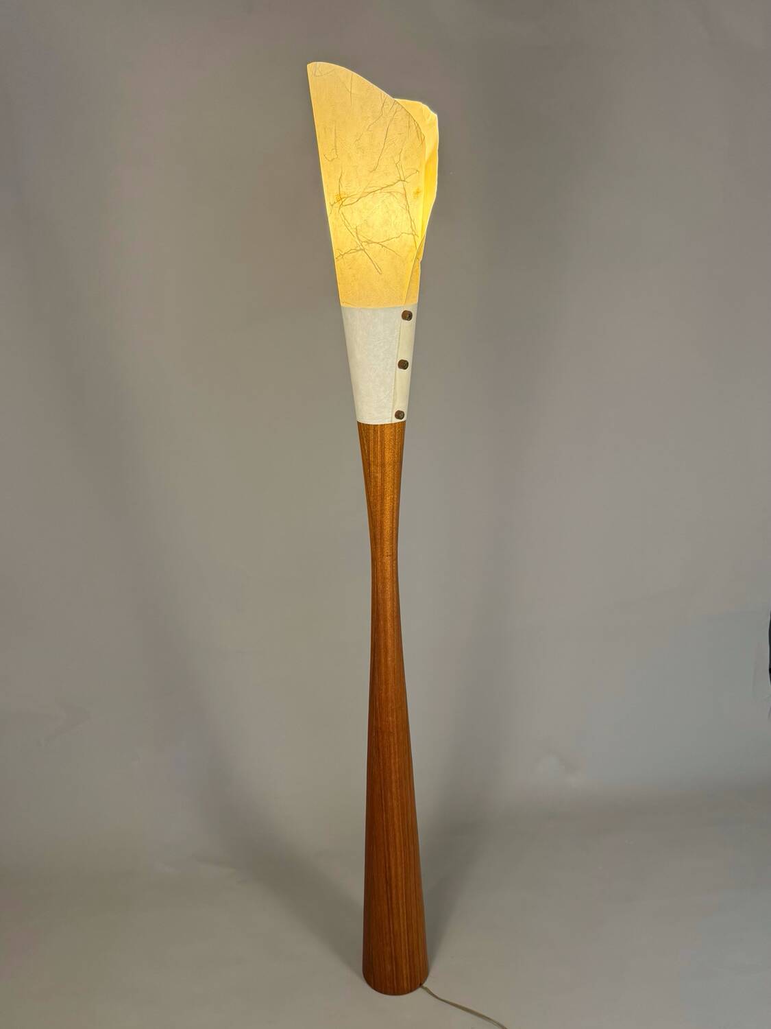 Sculptural floor lamp - exotic wood and textured shade, modern vintage style