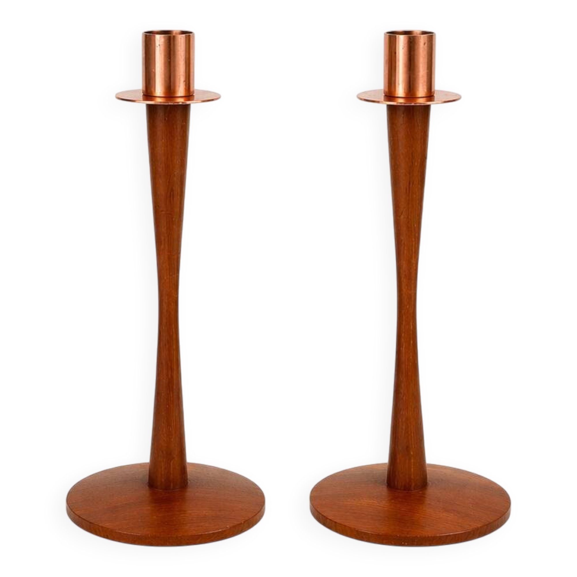 Pair of vintage Scandinavian candlesticks in teak & copper, Sweden, 1970s