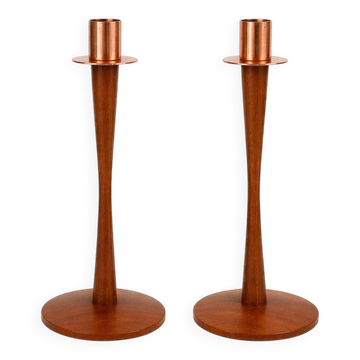 Pair of vintage Scandinavian candlesticks in teak & copper, Sweden, 1970s
