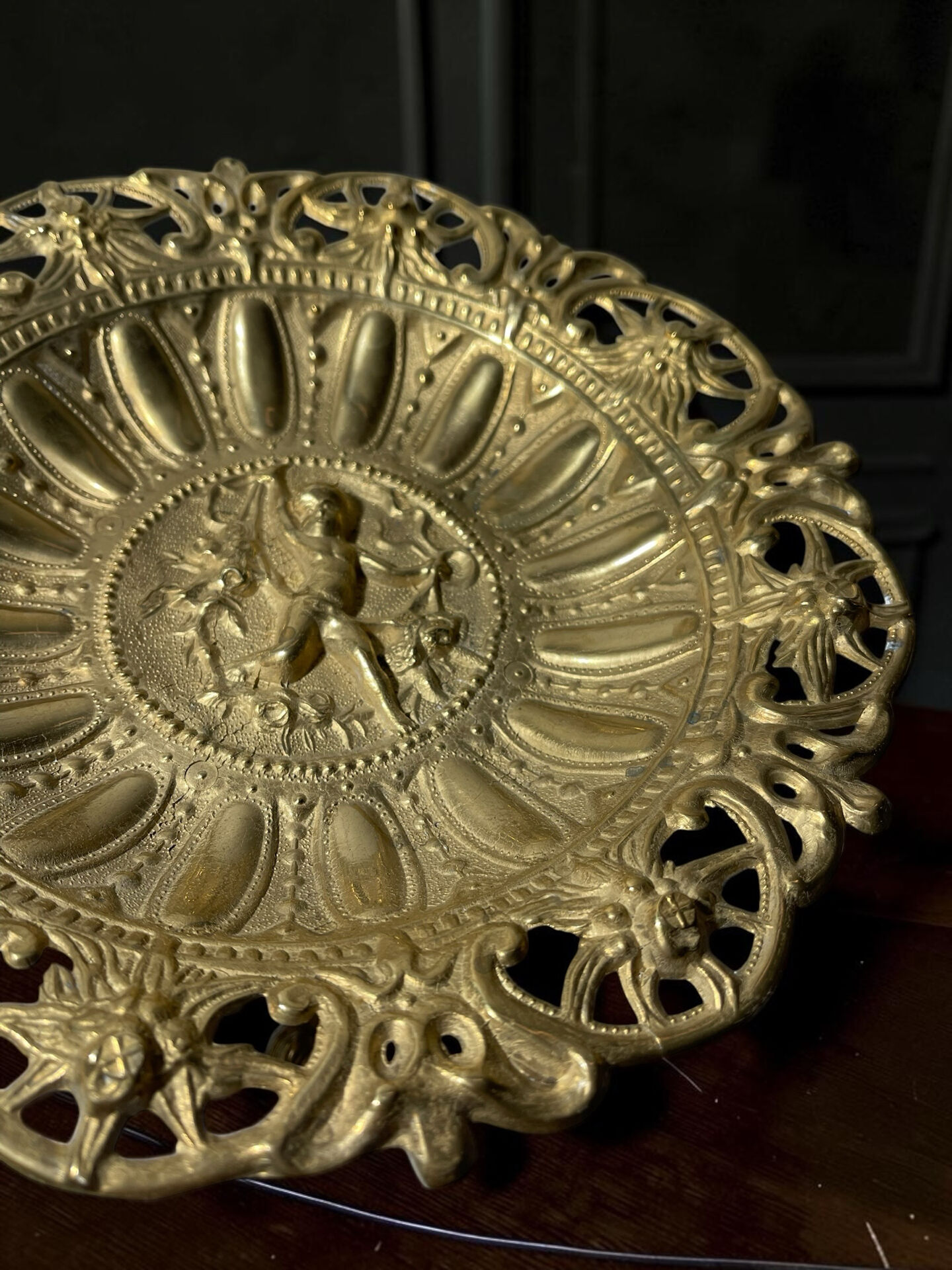 Footed fruit bowl in brass – relief mythological decoration – sty