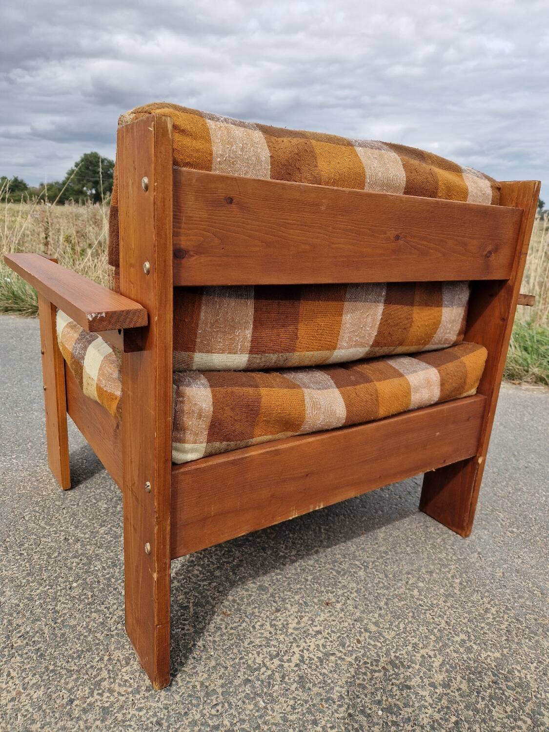 Pair of brutalist pine armchairs circa 1960