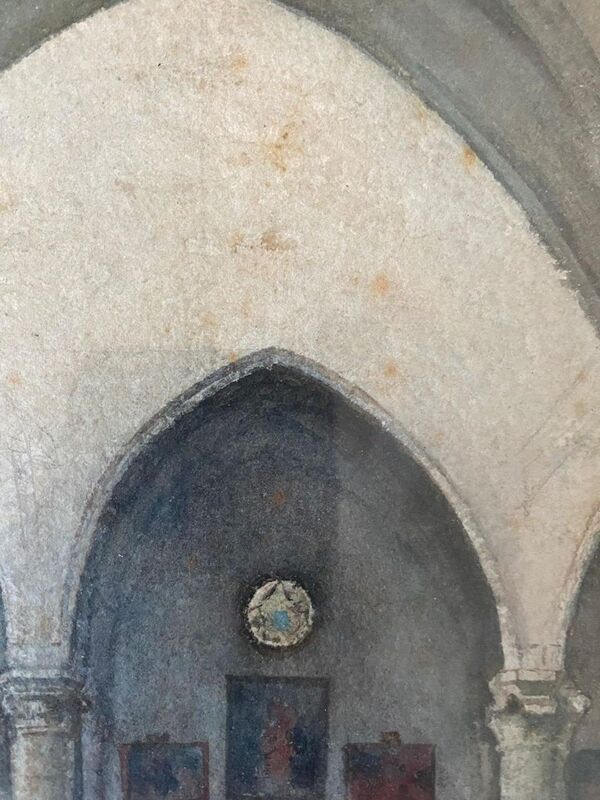 George Roussin, intérieur d’église, dessin, XXème siècle