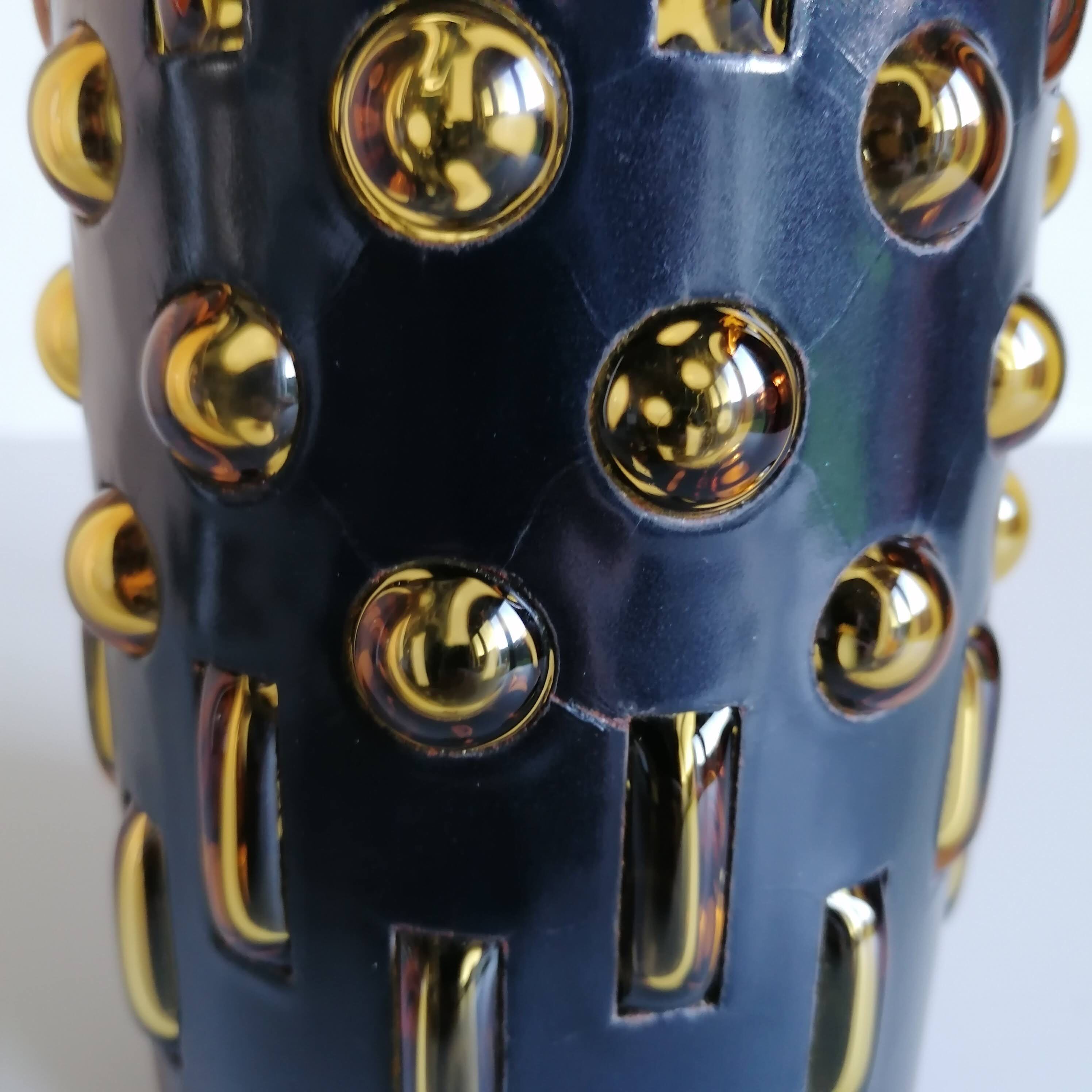 Amber blown glass and midnight blue metal hanging lamp 1960