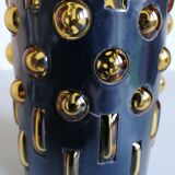 Amber blown glass and midnight blue metal hanging lamp 1960