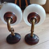 Paire d'applique verre sablé bois et laiton